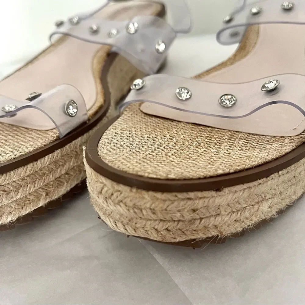 SCHUTZ Cristiane Platform EspadrillesTransparent Rhinestone Straps 9.5 NWOB